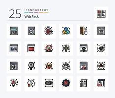 pack web pack d'icônes remplies de 25 lignes comprenant un stylo. dessin. chronomètre. cube. d vecteur