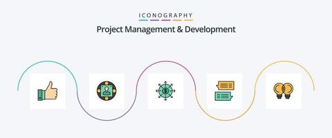 gestion de projet et ligne de développement remplies d'un pack d'icônes plat 5 comprenant des conversations. poster. production. bulle. espèces vecteur
