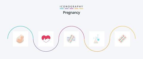pack d'icônes plat 5 de grossesse comprenant. tablette. battement de coeur. drogues. médecine vecteur