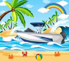 scène de plage avec un bateau rapide vecteur