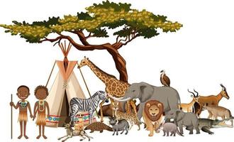 Tribu africaine avec groupe d'animaux africains sauvages sur fond blanc vecteur