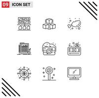symboles d'icônes universels groupe de 9 contours modernes d'éléments de conception vectoriels modifiables de données d'investissement de régime alimentaire de l'ancien marché vecteur