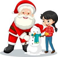 Père Noël avec fille créant bonhomme de neige sur fond blanc vecteur