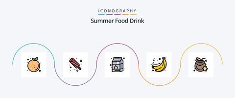 ligne de boisson alimentaire d'été remplie de 5 icônes plates, y compris la noix de coco. été. repas. nourriture. lait vecteur