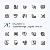 20 pack d'icônes de ligne de production vidéo et de matériel informatique comme une pièce d'alimentation informatique infographie vecteur