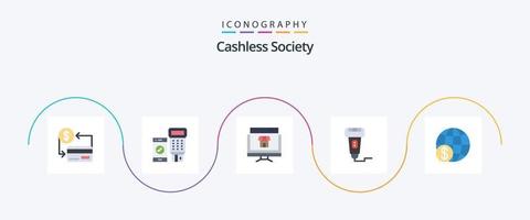 pack d'icônes plat 5 de la société sans numéraire, y compris le paiement. sans numéraire. analyse. achats. marché vecteur