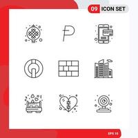 symboles d'icônes universels groupe de 9 contours modernes de carte de pare-feu de sécurité pièce de monnaie crypto éléments de conception vectoriels modifiables vecteur