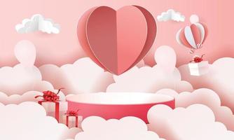 Podium d'art en papier 3D dans les nuages pour la Saint-Valentin avec des coeurs et des cadeaux vecteur