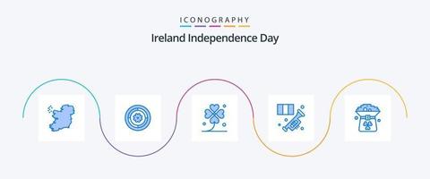 pack d'icônes bleu 5 de la fête de l'indépendance de l'irlande, y compris le trèfle. musique. quatre. instrument. laiton vecteur
