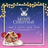 Joyeux Noël et bonne année, carte postale avec beau logotype de voeux avec cerf, cadre volumétrique blanc avec guirlande et maison de pain d'épice de Noël vecteur