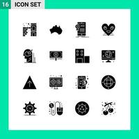symboles d'icônes universels groupe de 16 glyphes solides modernes de visage emoji voyage coeur application éléments de conception vectoriels modifiables vecteur