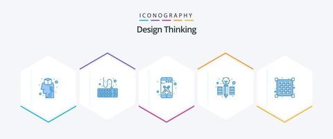 design thinking 25 pack d'icônes bleues, y compris la vue. grille. conception. crayon. créatif vecteur