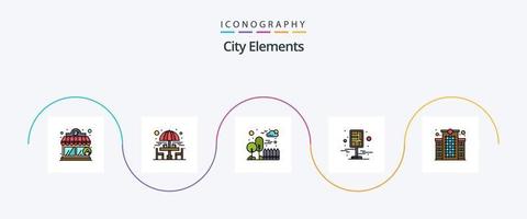 ligne d'éléments de la ville remplie de pack d'icônes plat 5, y compris la clinique. des rues. ville. broche. destination vecteur