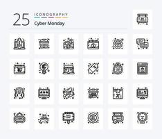 pack d'icônes cyber monday 25 lignes avec remise. vente. numérique. rabais. calendrier vecteur