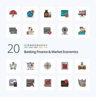 20 pack d'icônes de couleur rempli de ligne de finance bancaire et d'économie de marché comme la chasse à l'analyse financière vecteur