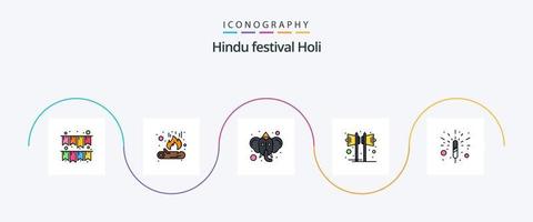 pack d'icônes plat 5 rempli de ligne holi, y compris l'étincelle. pétard. hindou. conférencier. faire la fête vecteur