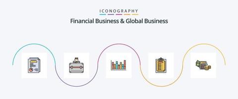 affaires financières et ligne d'affaires mondiale remplies de 5 icônes plates, y compris de l'argent. rapport. graphique. présentation. vecteur