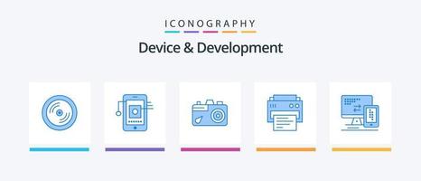 appareil et pack d'icônes bleues de développement 5, y compris moniteur. éducation. caméra. impression. imprimante. conception d'icônes créatives vecteur