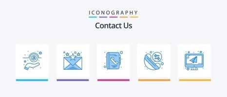 contactez-nous pack d'icônes bleu 5 comprenant un ordinateur portable. ordinateur. livre. recomposer. échange. conception d'icônes créatives vecteur