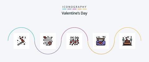 pack d'icônes plat rempli de 5 lignes de la saint-valentin, y compris l'amant. couple. cœur. lit. suspendu vecteur