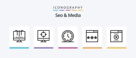 pack d'icônes seo et media line 5, y compris la musique. l'audio. médias. site Internet. optimisation. conception d'icônes créatives vecteur
