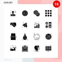 16 concept de glyphe solide pour les sites Web mobiles et les applications avion en papier retour à l'école commerce international courrier ouvert éléments de conception vectoriels modifiables vecteur