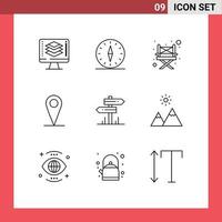 ensemble de 9 contours vectoriels sur la grille pour les éléments de conception vectoriels modifiables de l'emplacement de la broche de voyage de la direction du motel vecteur