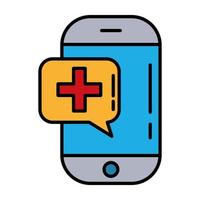 smartphone avec ligne de symbole croix médicale et icône de style de remplissage vecteur