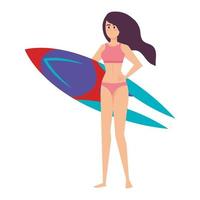 belle fille avec maillot de bain et planche de surf vecteur