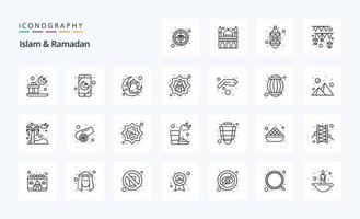 25 pack d'icônes de ligne islam et ramadan vecteur