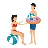 jeune couple avec maillot de bain et ballon et flotteur vecteur