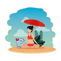 femme avec maillot de bain et parapluie pratiquant le yoga sur la plage vecteur