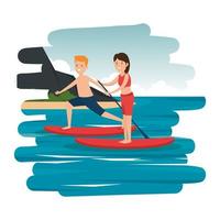 Heureux couple athlétique pratiquant le surf dans la mer vecteur