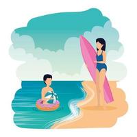 jeune couple avec flotteur et planche de surf sur la plage vecteur