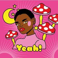 jeune femme afro avec style pop art champignon vecteur