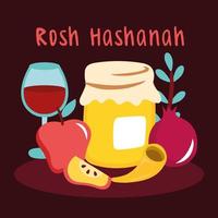 bonne fête de rosh hashanah avec coupe de fruits et de vin vecteur