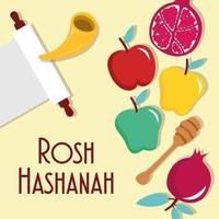 Happy rosh hashanah parshment avec parshment et fruits frais vecteur