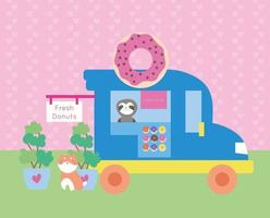 jolie carte postale kawaii avec camion donut et animaux vecteur