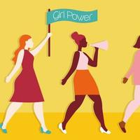 affiche de power girl avec des filles interraciales protestant avec un drapeau vecteur