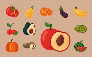 lot de douze fruits et légumes frais, icônes d'aliments sains vecteur