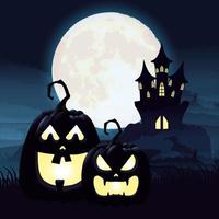 scène de nuit sombre halloween avec citrouilles et château vecteur