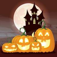 scène de nuit sombre halloween avec citrouilles et château vecteur