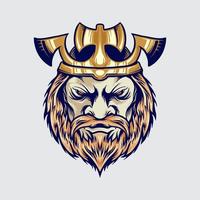 tête de roi viking avec illustration de dessin animé de couronne hache vecteur