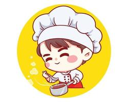 mignon boulangerie chef garçon dégustation et souriant illustration de dessin animé vecteur