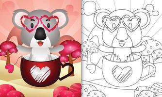 livre de coloriage pour les enfants avec un koala mignon dans la tasse pour la Saint-Valentin vecteur