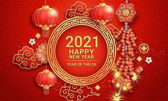 nouvel an chinois 2021. pétards avec lanternes en papier et fleur sur fond de carte de voeux l'année du boeuf. illustrations vectorielles. vecteur