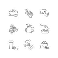 ensemble d'icônes linéaires parfaits de repas végétariens pixel vecteur
