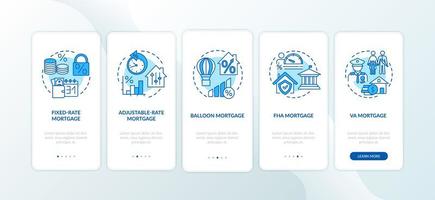 Écran de la page de l'application mobile d'intégration des types de prêts hypothécaires avec des concepts vecteur