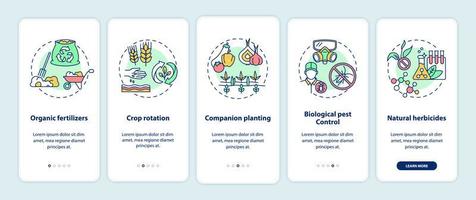 Écran de la page de l'application mobile d'intégration des principes de l'agriculture biologique avec des concepts vecteur