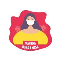 panneau d'avertissement, femme portant un masque médical vecteur